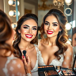 A glamorous woman getting ready with a stunning makeup transformation, showcasing before and after effects