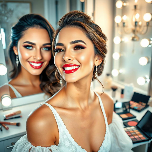 A glamorous woman getting ready with a stunning makeup transformation, showcasing before and after effects