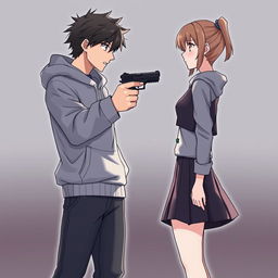 An anime-style illustration featuring a scene with two characters facing each other, one male and one female, standing about one meter apart