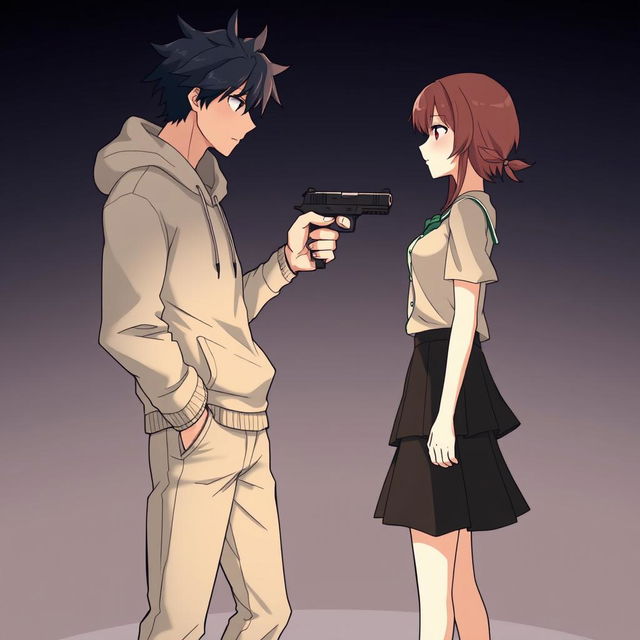 An anime-style illustration featuring a scene with two characters facing each other, one male and one female, standing about one meter apart
