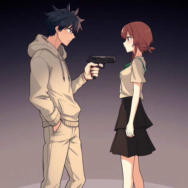 An anime-style illustration featuring a scene with two characters facing each other, one male and one female, standing about one meter apart