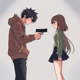 An anime-style illustration featuring a scene with two characters facing each other, one male and one female, standing about one meter apart