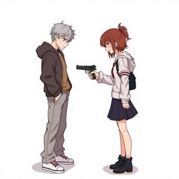 An anime-style illustration featuring a scene with two characters facing each other, one male and one female, standing about one meter apart