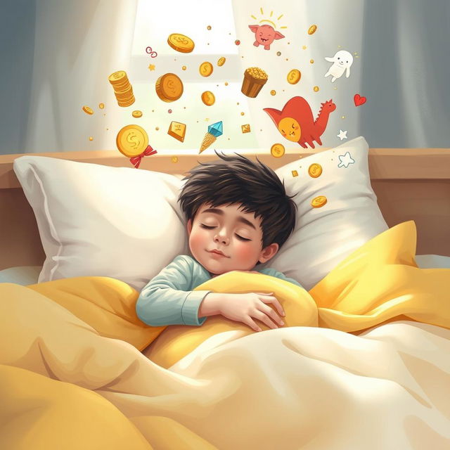 A young boy peacefully sleeping in a cozy bed, surrounded by fluffy pillows and bright blankets