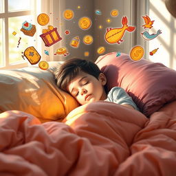 A young boy peacefully sleeping in a cozy bed, surrounded by fluffy pillows and bright blankets