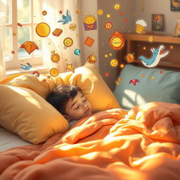 A young boy peacefully sleeping in a cozy bed, surrounded by fluffy pillows and bright blankets