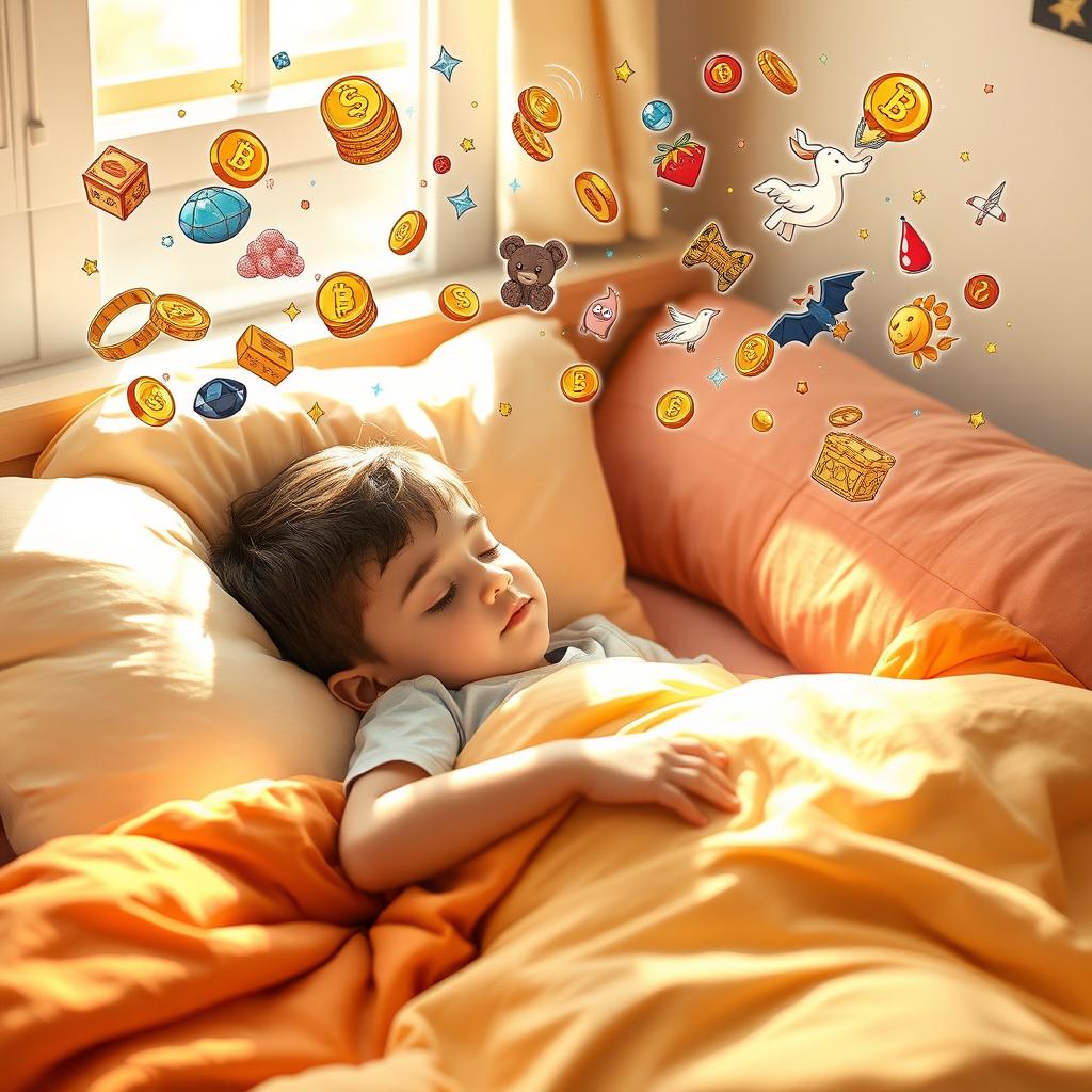 A young boy peacefully sleeping in a cozy bed, surrounded by fluffy pillows and bright blankets