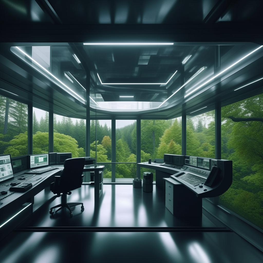 A futuristic penitentiary control room styled glass penthouse office with audio equipment, a microphone facing a chair, and a forest view through its glass walls, designed by taking architectural cues from the provided link.