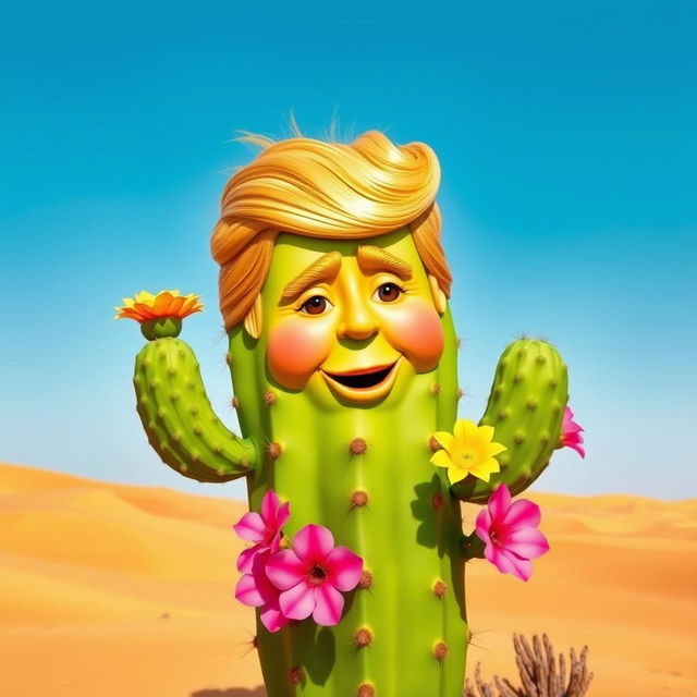 A whimsical and cute cactus in the Sahara Desert, featuring a playful representation of a face resembling Donald Trump, with distinctive hair and facial features