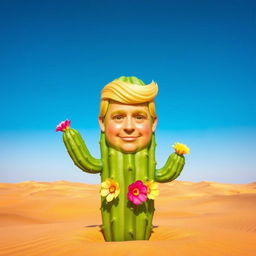 A whimsical and cute cactus in the Sahara Desert, featuring a playful representation of a face resembling Donald Trump, with distinctive hair and facial features