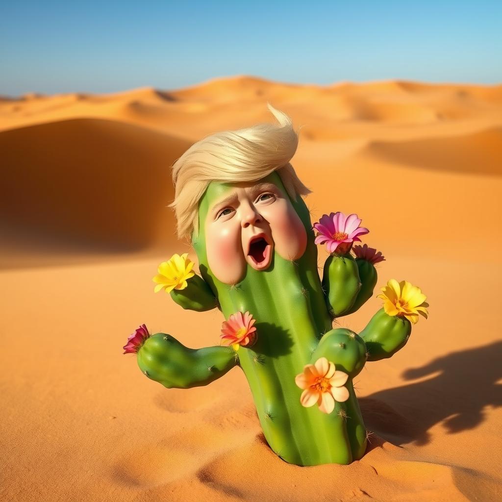 A whimsical and cute cactus in the Sahara Desert, featuring a playful representation of a face resembling Donald Trump, with distinctive hair and facial features