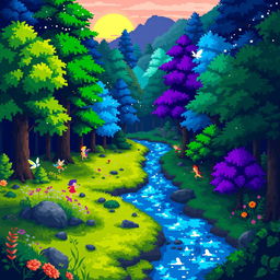 A vibrant pixel art scene showcasing a magical forest, filled with colorful trees in various shades of green, blue, and purple