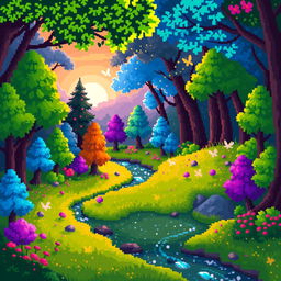 A vibrant pixel art scene showcasing a magical forest, filled with colorful trees in various shades of green, blue, and purple
