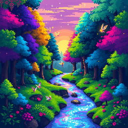 A vibrant pixel art scene showcasing a magical forest, filled with colorful trees in various shades of green, blue, and purple