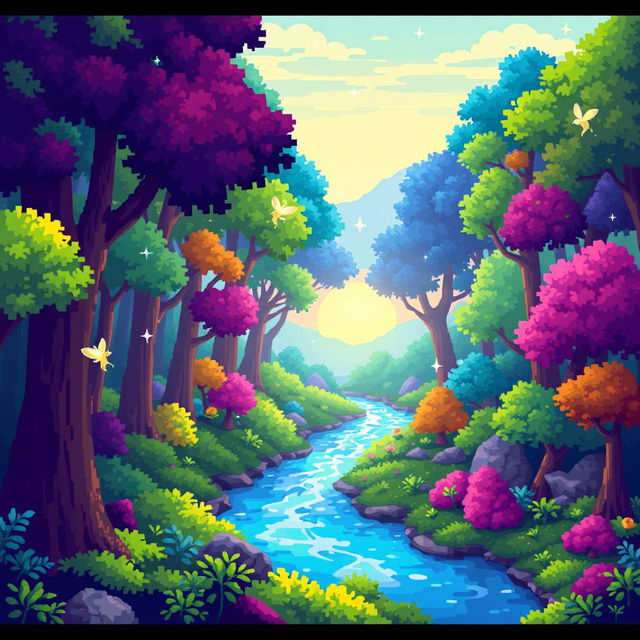 A vibrant pixel art scene showcasing a magical forest, filled with colorful trees in various shades of green, blue, and purple