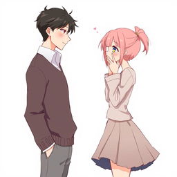 Anime style illustration featuring two characters, a male and a female, facing each other at a distance of about one meter