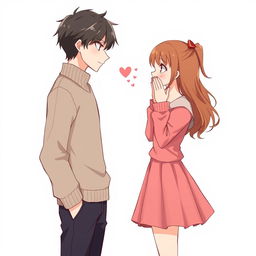 Anime style illustration featuring two characters, a male and a female, facing each other at a distance of about one meter