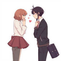 Anime style illustration featuring two characters, a male and a female, facing each other at a distance of about one meter