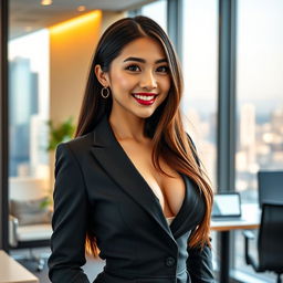 A stunning Taiwanese woman with large, round breasts, dressed in stylish business attire, exuding confidence and charm