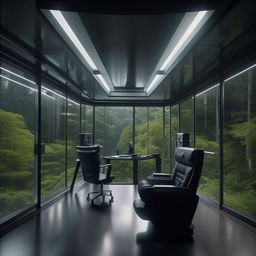 A futuristic penitentiary control room styled glass penthouse office with audio equipment, a microphone facing a chair, and a forest view through its glass walls, designed by taking architectural cues from the provided link.