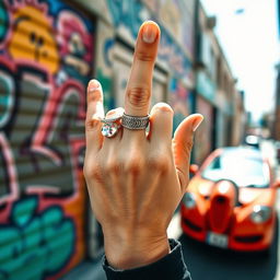 A close-up of a hand enthusiastically displaying the middle finger in a bold and defiant gesture