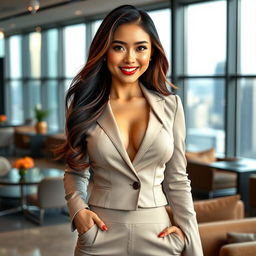 A beautiful Taiwanese woman with large, round breasts, elegantly dressed in chic business attire