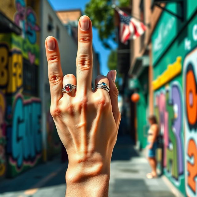 A close-up of a hand confidently displaying the middle finger in a humorous and provocative gesture