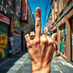 A close-up of a hand confidently displaying the middle finger in a humorous and provocative gesture