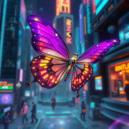A mesmerizing cyberpunk butterfly with only one vibrant purple wing on the left side, intricately designed with glowing circuit patterns and reflective surfaces, creating a stunning animated effect