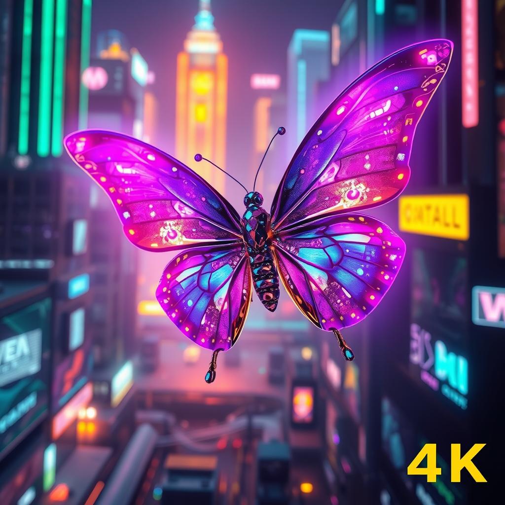 A mesmerizing cyberpunk butterfly with only one vibrant purple wing on the left side, intricately designed with glowing circuit patterns and reflective surfaces, creating a stunning animated effect