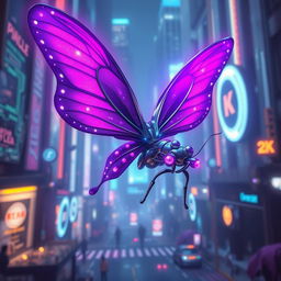 A mesmerizing cyberpunk butterfly with only one vibrant purple wing on the left side, intricately designed with glowing circuit patterns and reflective surfaces, creating a stunning animated effect