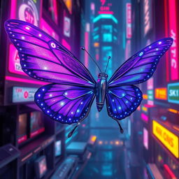 A mesmerizing cyberpunk butterfly with only one vibrant purple wing on the left side, intricately designed with glowing circuit patterns and reflective surfaces, creating a stunning animated effect