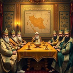 A grand and historic scene featuring all the kings of Iran seated around an opulent table, dressed in traditional Persian royal attire with elaborate details