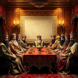 A grand and historic scene featuring all the kings of Iran seated around an opulent table, dressed in traditional Persian royal attire with elaborate details