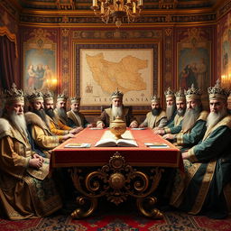 A grand and historic scene featuring all the kings of Iran seated around an opulent table, dressed in traditional Persian royal attire with elaborate details
