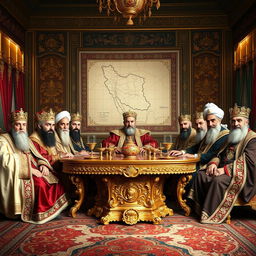 A grand and historic scene featuring all the kings of Iran seated around an opulent table, dressed in traditional Persian royal attire with elaborate details