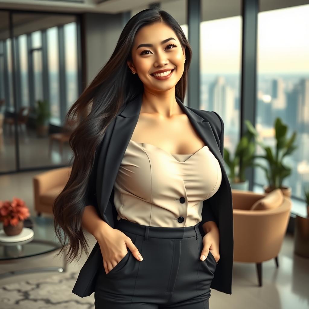 A gorgeous Chinese woman with large, round breasts, elegantly dressed in fashionable business attire