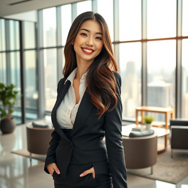 A gorgeous Chinese woman with large, round breasts, elegantly dressed in fashionable business attire