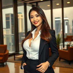 A gorgeous Chinese woman with large, round breasts, elegantly dressed in fashionable business attire