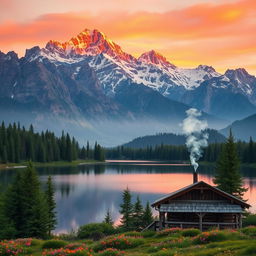 A majestic mountain landscape during sunrise, with snow-capped peaks glowing in warm orange and pink hues