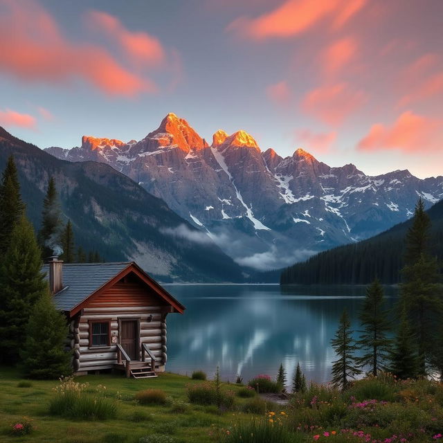 A majestic mountain landscape during sunrise, with snow-capped peaks glowing in warm orange and pink hues