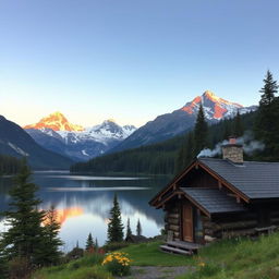 A majestic mountain landscape during sunrise, with snow-capped peaks glowing in warm orange and pink hues