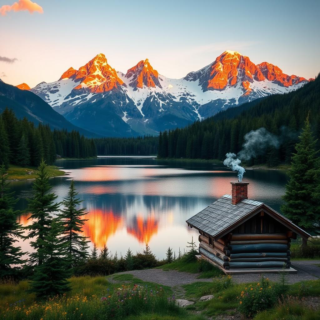 A majestic mountain landscape during sunrise, with snow-capped peaks glowing in warm orange and pink hues