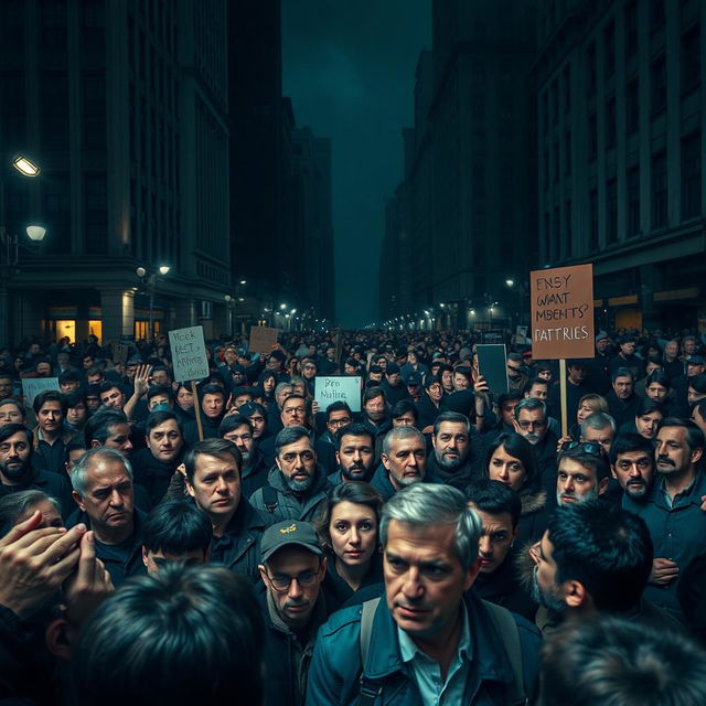 A crowded urban scene filled with palpable tension, showcasing a dense throng of people in a city square