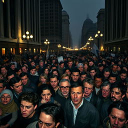 A crowded urban scene filled with palpable tension, showcasing a dense throng of people in a city square