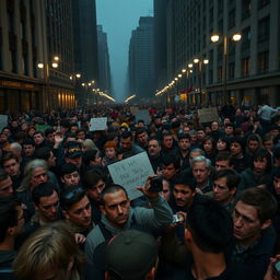 A crowded urban scene filled with palpable tension, showcasing a dense throng of people in a city square