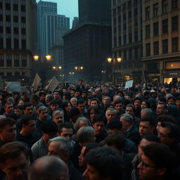 A crowded urban scene filled with palpable tension, showcasing a dense throng of people in a city square