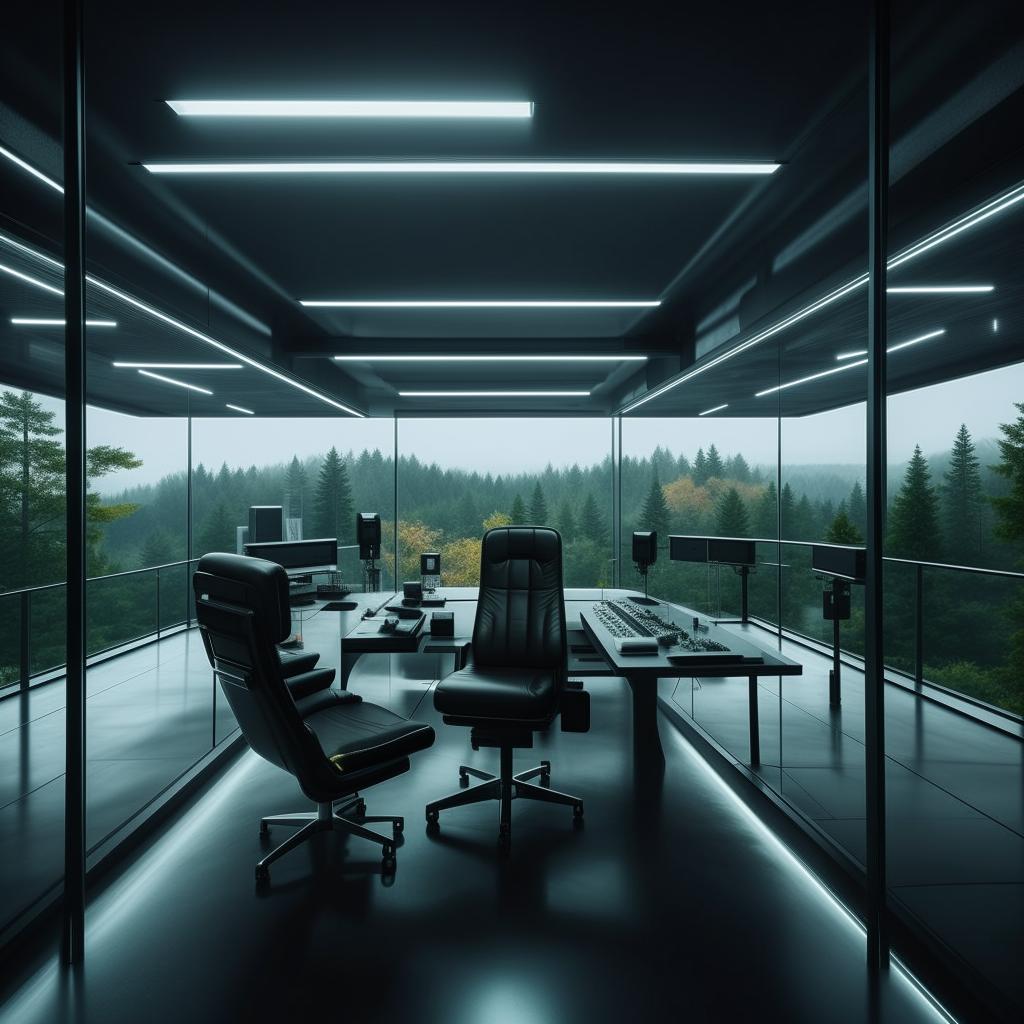 A futuristic penitentiary control room styled glass penthouse office with audio equipment, a microphone facing a chair, and a forest view through its glass walls, designed by taking architectural cues from the provided link.