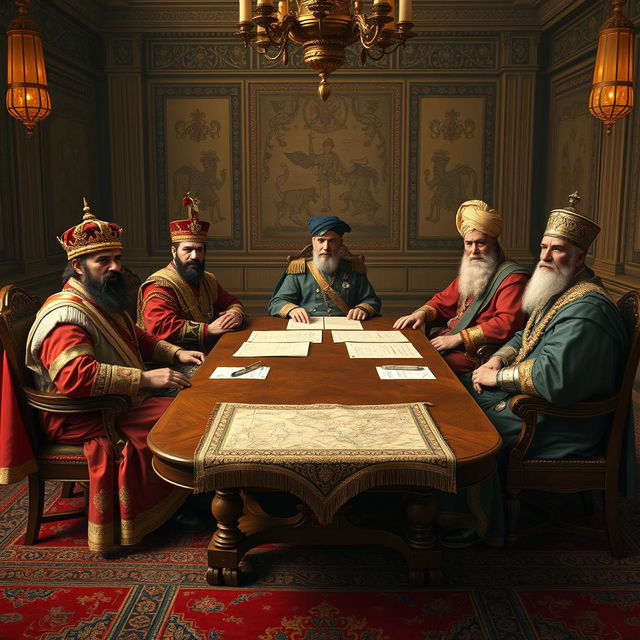 A historical scene featuring Nader Shah, Reza Shah, Mohammad Reza Shah, Cyrus the Great, and Darius the Great all seated around a grand wooden table