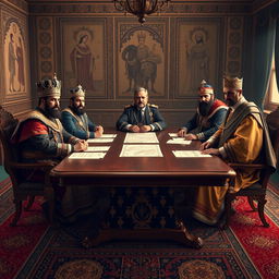 A historical scene featuring Nader Shah, Reza Shah, Mohammad Reza Shah, Cyrus the Great, and Darius the Great all seated around a grand wooden table